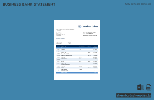Houlihan Lokey Inc. Bank Firmenkontoauszug (Word- und PDF-Beispiel)